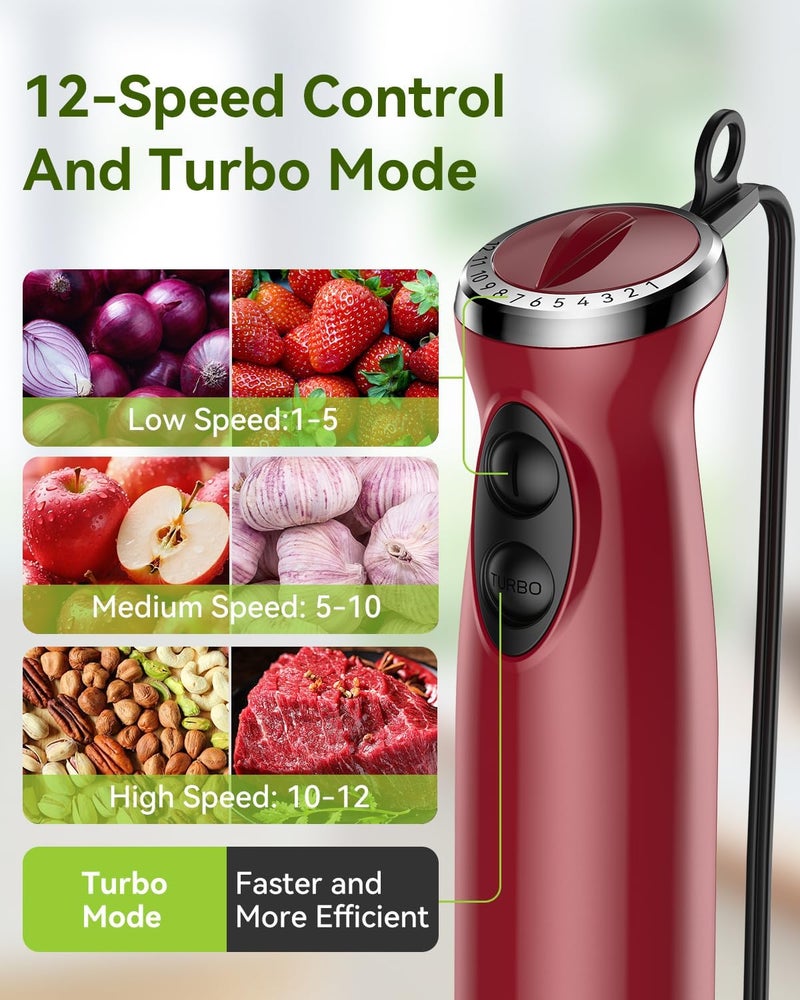 Abuler Immersion Blender 5 in 1 Hand Blender, 1000W Hand Mixer Stick,12 Speed Handheld Blender 304 Stainless Steel with 600ml Mixing Beaker, 500ml Chopper, Whisk and Milk Frother for Soup, Baby Food - Image 4